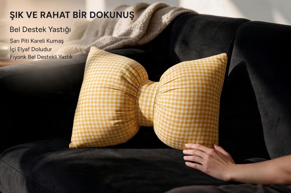Sarı Beyaz Kareli Fiyonk Tasarımlı Bel Destek Yastığı