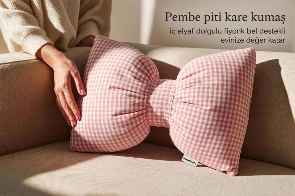 Pembe Beyaz Kareli Fiyonk Tasarımlı Bel Destek Yastığı